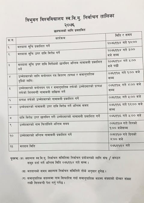 स्ववियु निर्वाचन तालिका प्रस्ताव